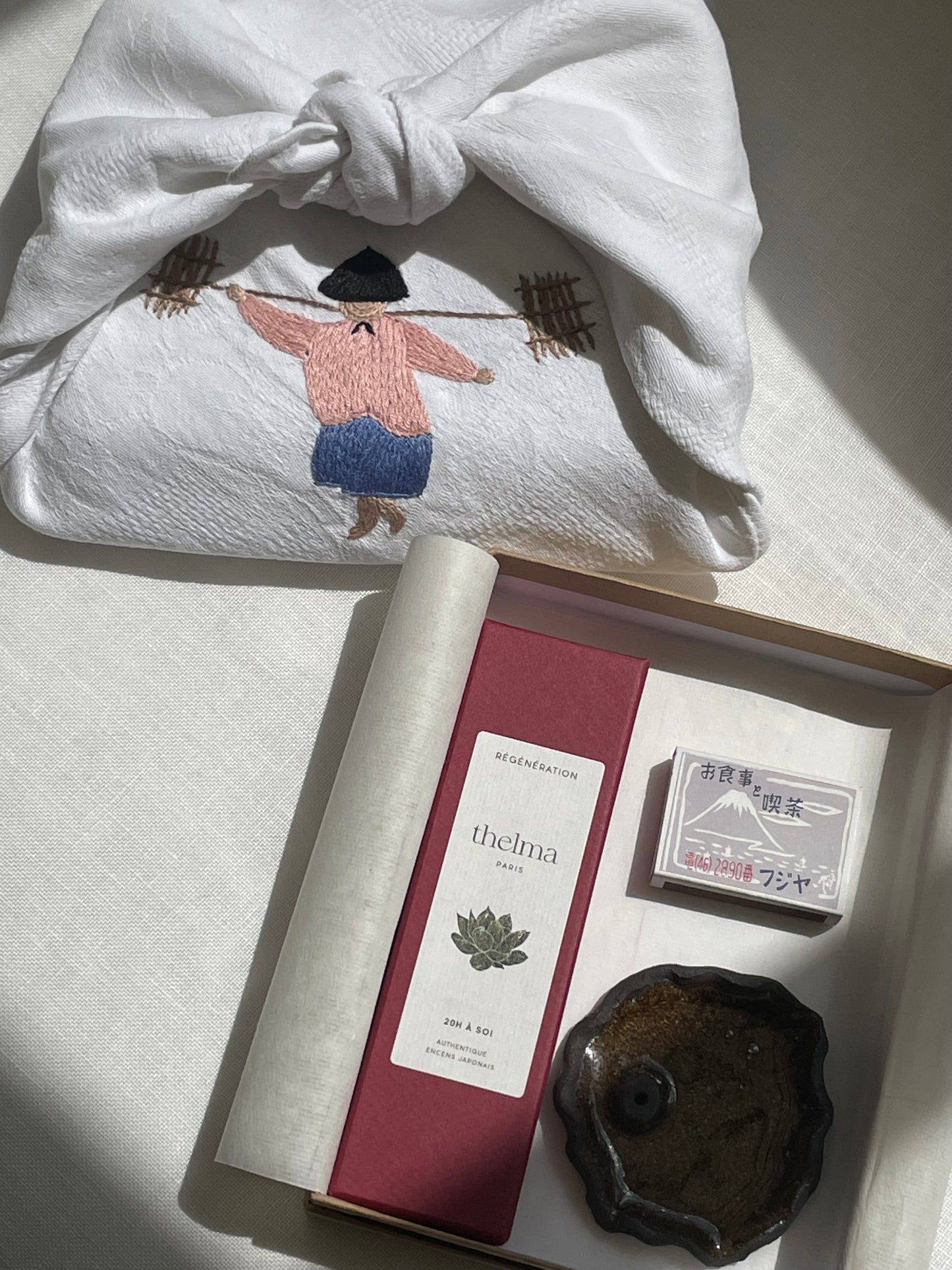 Le coffret rituel emballé dans son furoshiki brodé